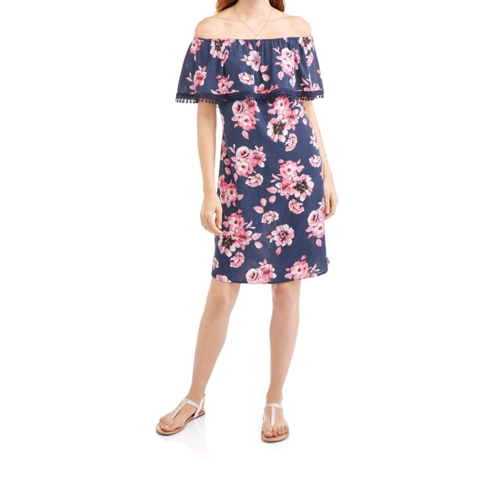 Off The Shoulder Blue And Pink Floral Dress